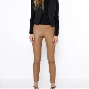 ZARA MID-RISE FAUX PU LEATHER LEGGINGS~TAUPE BROWN